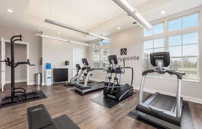 A gym with treadmills, elliptical machines, and a weight machine.