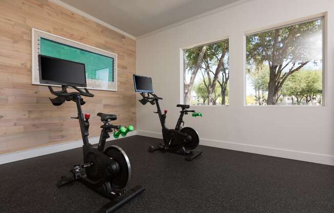 a home gym with two exercise bikes and a tv