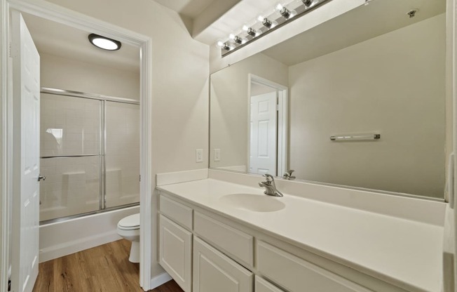 a bathroom with a large mirror and a sink and a toilet