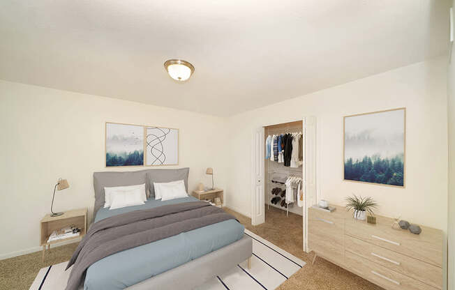 a bedroom with a bed and a walk-in closet at Foxwood and The Hermitage, Portage