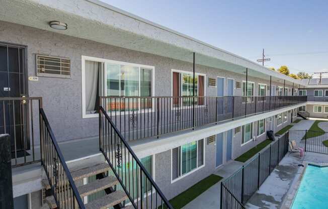 the outlook of a building with a pool