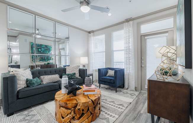 a living room with a couch and a coffee table