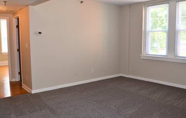 an empty living room with a carpet and two windows