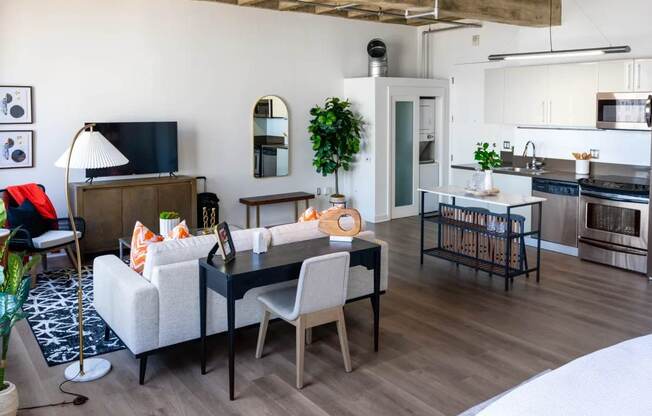 a living room with a couch and a table