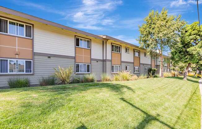 A row of apartment buildings with green lawns in front.