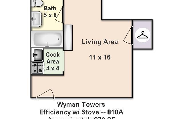 Studio, 1 bath, 240 sqft, $1,125, Unit 810A