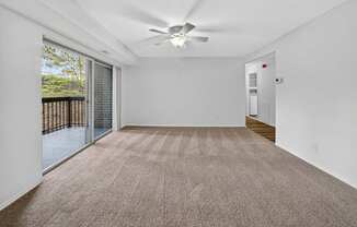 A room with a carpeted floor and a ceiling fan.
