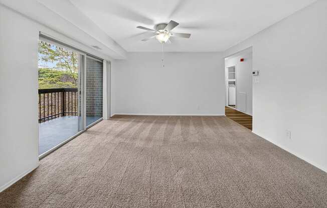 A room with a carpeted floor and a ceiling fan.