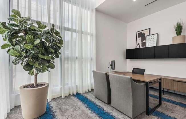 A room with a desk, chair, and a potted plant.