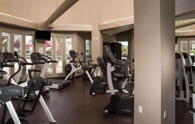 A gym with treadmills and elliptical machines at The Woods Apartments, San Jose, CA, 95136