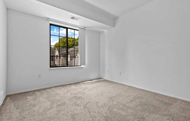 a bedroom with a large window and carpet