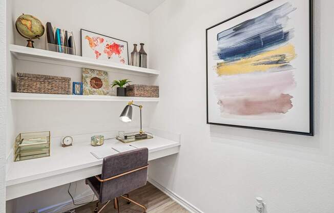 A room with a desk, chair, and a painting on the wall.