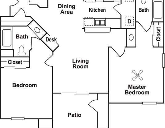 2 beds, 2 baths, 960 sqft, $1,371