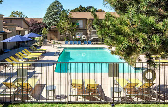 A pool surrounded by chairs and trees with a building in the background.