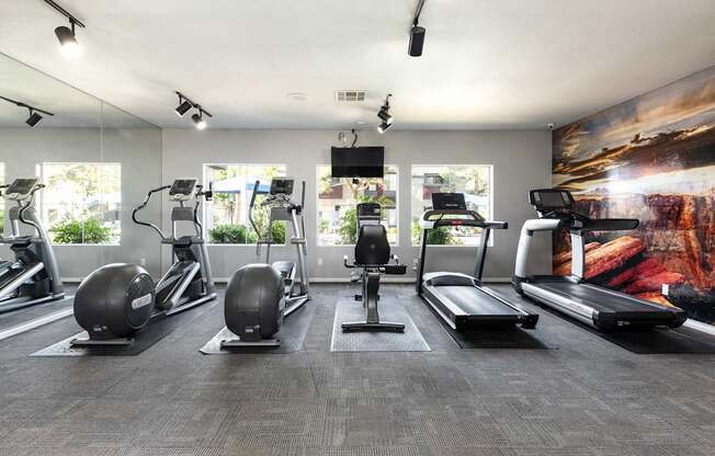 a gym with cardio equipment and a painting on the wall