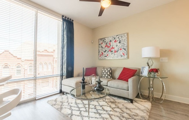Spacious Living Room With Private Balcony at Link Apartments® West End, Greenville, SC, 29601