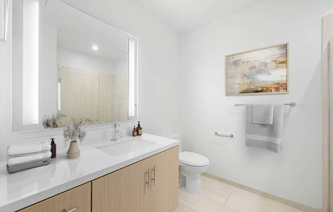 A bathroom with a toilet, sink, and mirror.