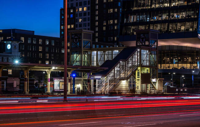 A view of Boston Landing commuter rail stop lit up at night