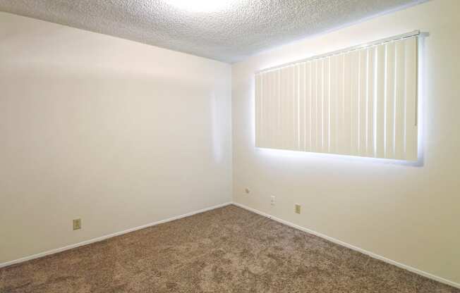 a empty room with a window and carpeting