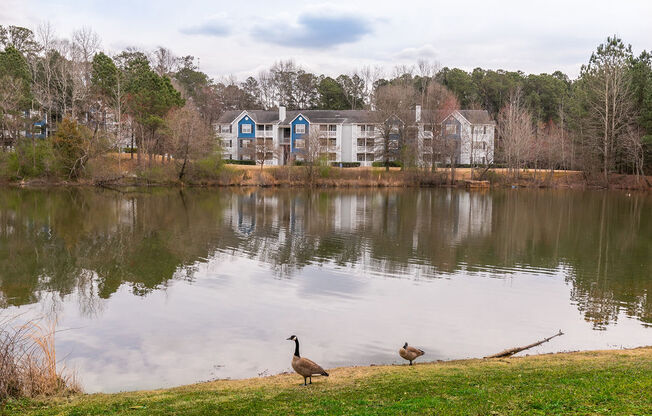 two standing next to a lake in front of a building