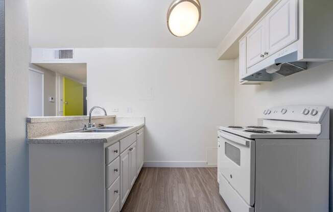 A small kitchen with a white stove and a green door.