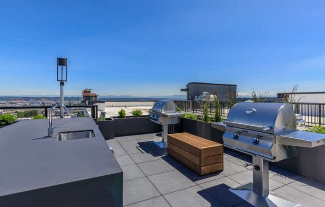 two bbq grills on the roof of a building with a view of the city