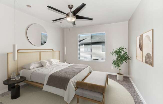 Model bedroom with ceiling fan