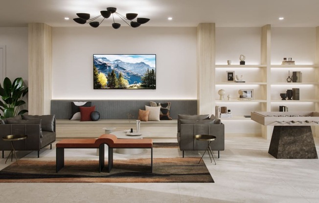 a living room with a table and chairs and a painting on the wall