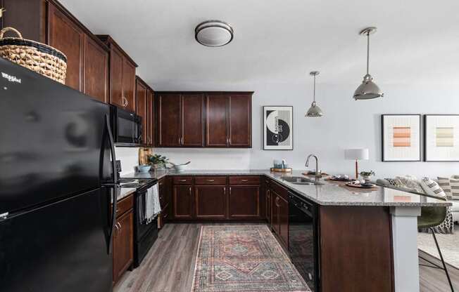 a kitchen with black appliances and wooden cabinets and a rug at the vue apartments in indianapolis