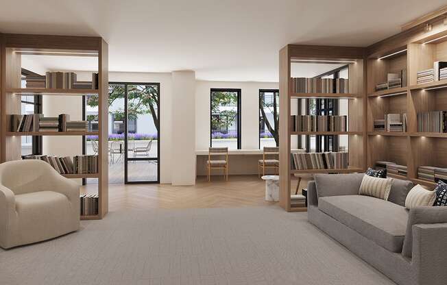 a living room with a couch and chairs and bookshelves