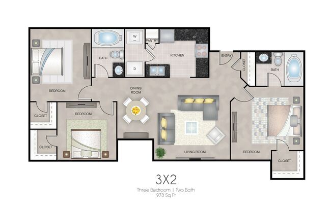 3 beds, 2 baths, 973 sqft, $1,045, Unit 2309