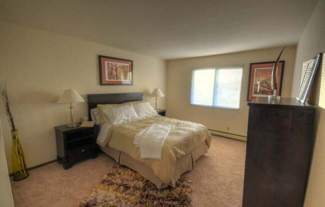 a bedroom with a bed and a dresser and a window