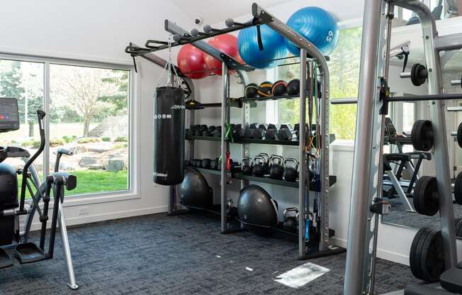 a gym with weights and cardio equipment and a window