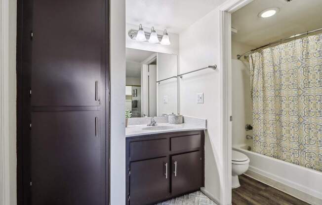 A bathroom with a dark brown door and a white sink.