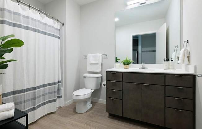 A bathroom with a toilet, sink, and a mirror.