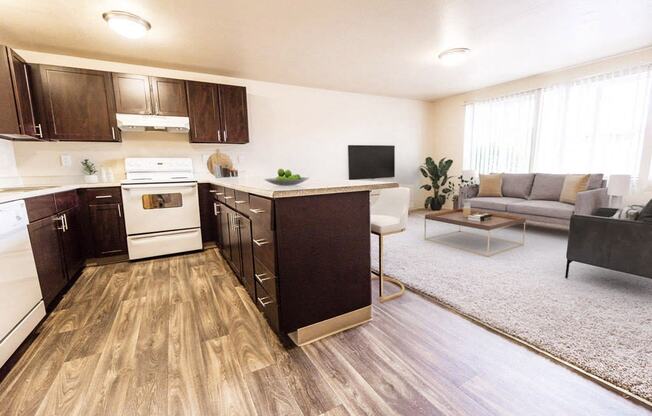 a living room with a kitchen and a couch