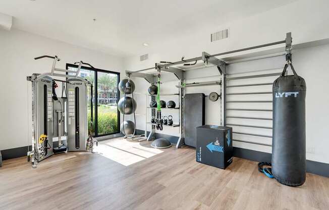 A gym with a punching bag and a variety of exercise equipment.