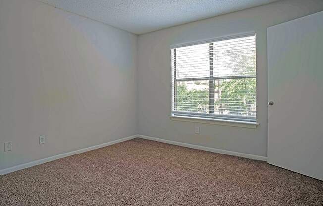 an empty bedroom with a window and carpet