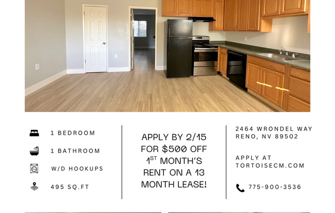 1 bed, 1 bath, 495 sqft, $1,079, Unit F13