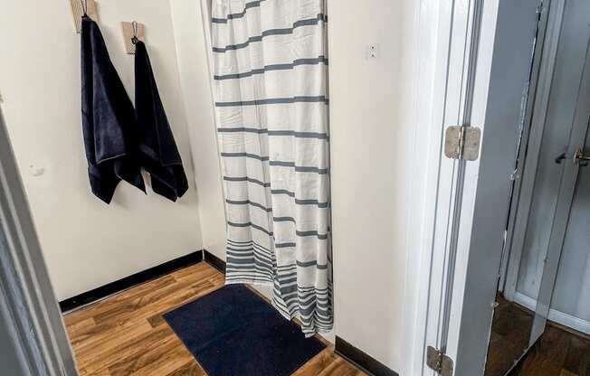 a small hallway with a door to a closet and a shower curtain