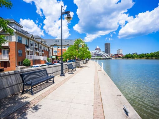 View from Genesee Riverway Trail in front of Corn Hill Landing looking towards downtown Rochester