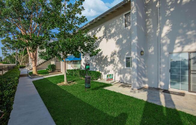 a path with trees on the side of a building