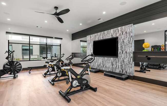A modern home gym with a row of stationary bikes and a television.