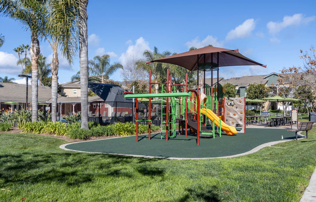 a playground with a jungle gym and swing set in a park