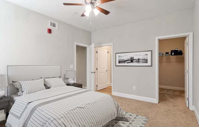 Carpeted bedroom with large closet in pet-friendly apartments near Briarcliff, Atlanta.