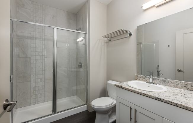 Hibernia bathroom with white cabinets, oversized mirror and sliding glass door shower