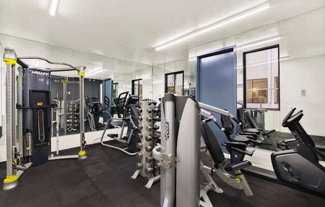 A gym with a variety of equipments.