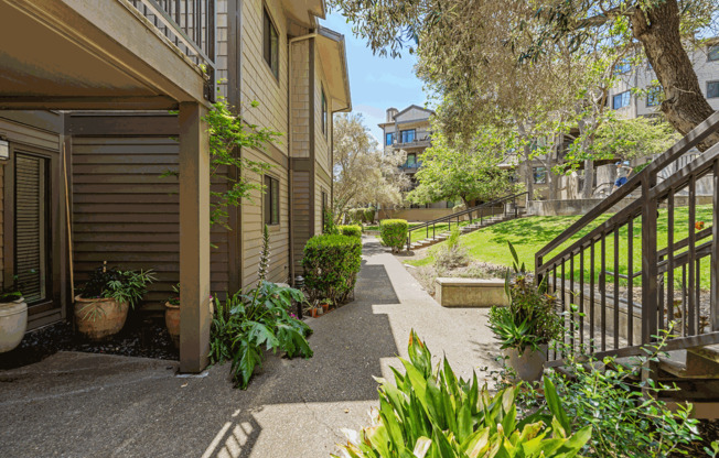 the walkway up to the condos is lined with plants and trees