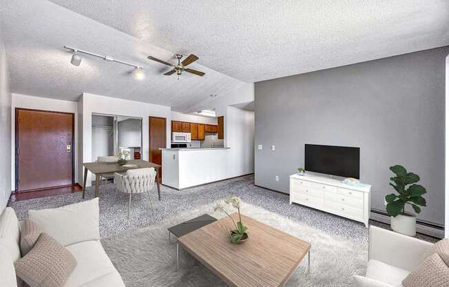 a living room with a couch and a table