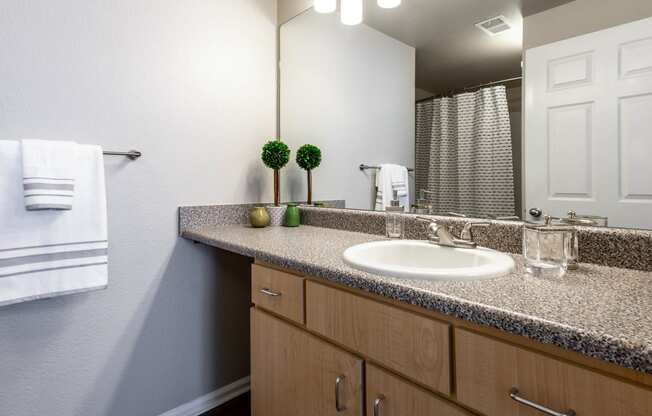 a bathroom with a sink and a mirror at Apartments at Denver Place, Denver Colorado at The links at Plum Creek Apartments, Castlerock, 80104